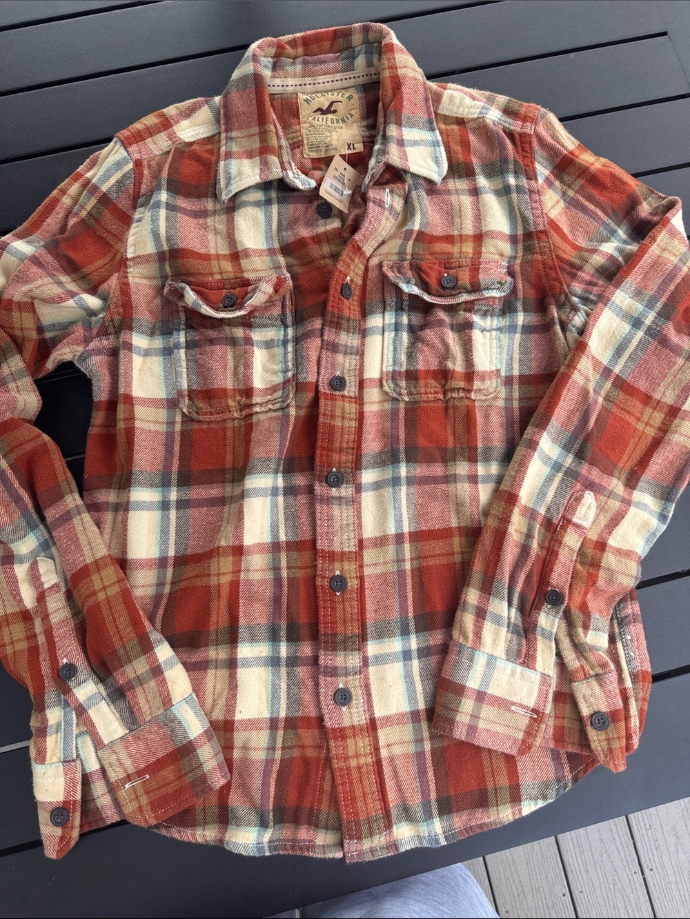 Hollister Men's Rust and Cream Plaid Button-Down Shirt